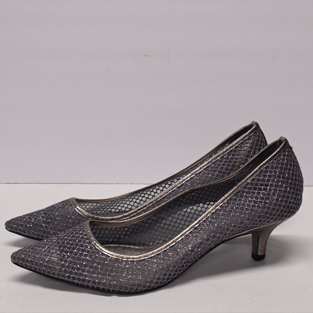 Adrianna Papell Lois Glittery Mesh Gunmetal Kitten Heel Everything Heels Pumps 8
